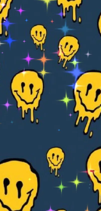 Yellow dripping smiley faces on a navy blue background mobile wallpaper.