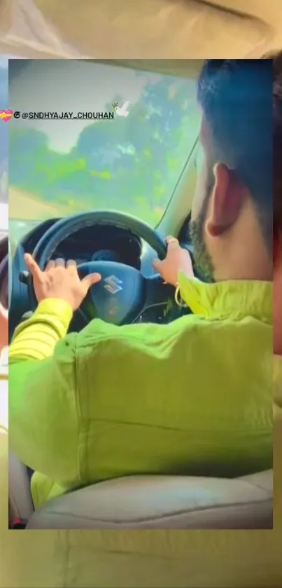 Man driving a car with vibrant green backdrop, seen from backseat.