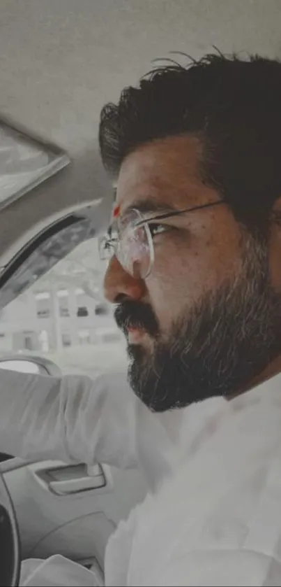 Stylish man driving a car wearing glasses and a white shirt.