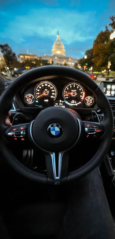 BMW steering wheel with US Capitol view at night.