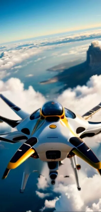 Aerial drone flying through expansive clouds and sky.