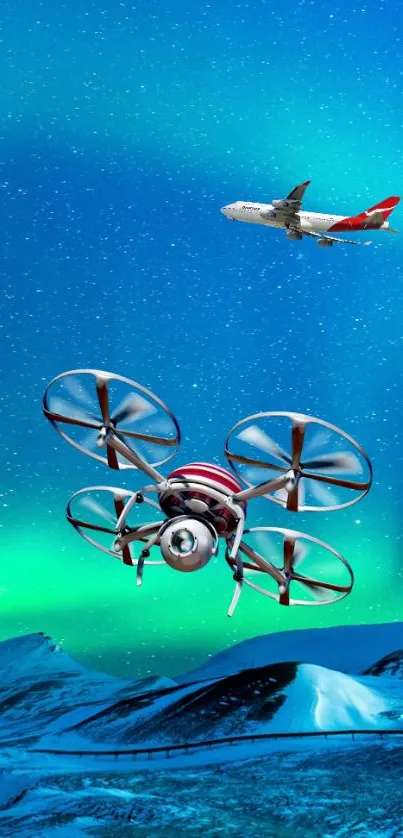 Drone and airplane against a starry night sky with aurora borealis.