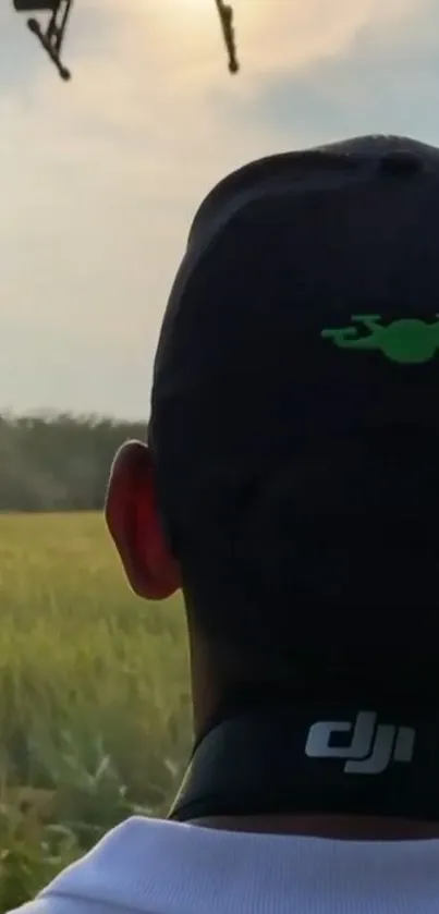 Person in a field with drone overhead, green tones dominate.