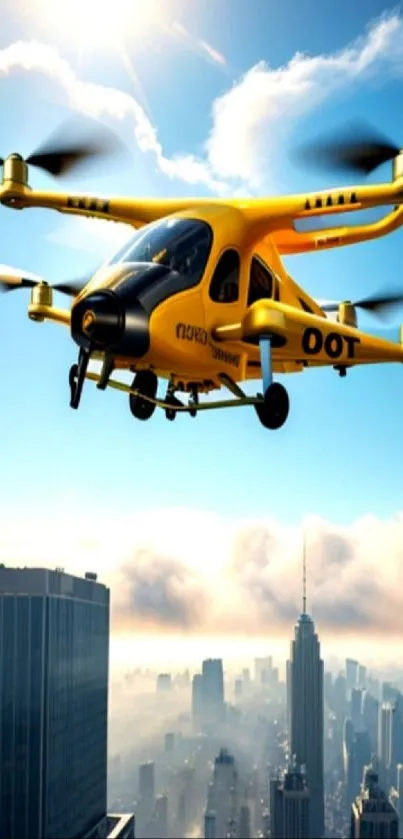 Yellow drone flying over a city skyline with a bright blue sky.