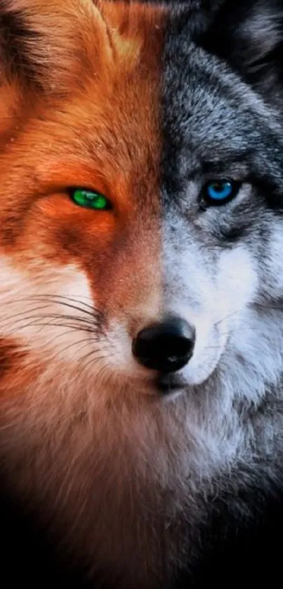 Dual-colored wolf portrait with vibrant eyes.