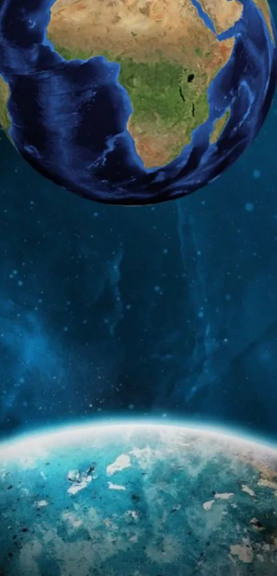 Dual Earths in cosmic space mobile wallpaper.