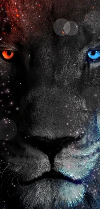 Mystical lion wallpaper with cosmic elements and dual-color eyes.