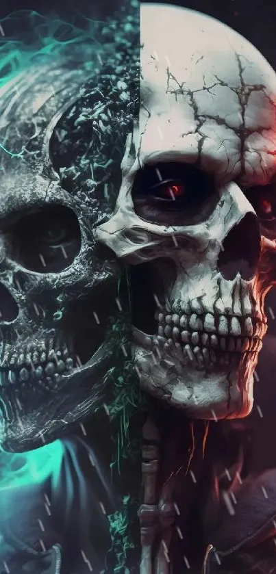 Dual skull fantasy art wallpaper with blue and red contrast.