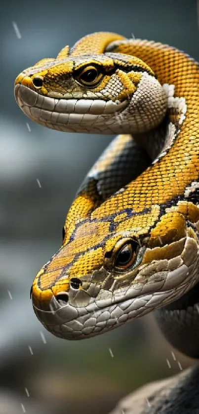 Dual-headed snake on a tree branch, showcasing vibrant golden yellow scales.