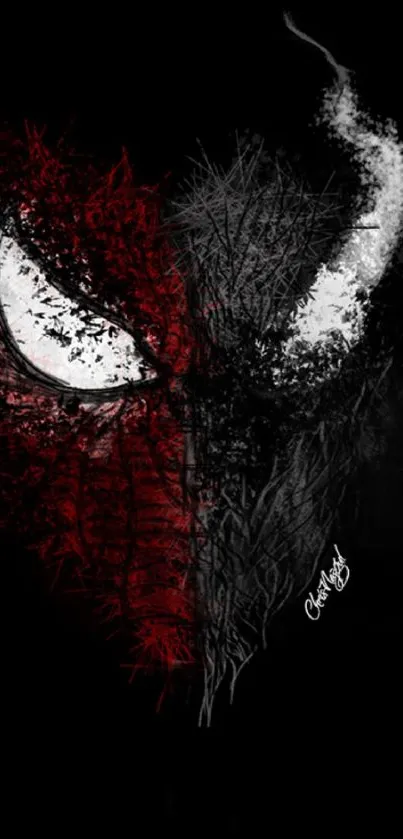 Abstract dual hero wallpaper with red and black tones for mobile devices.