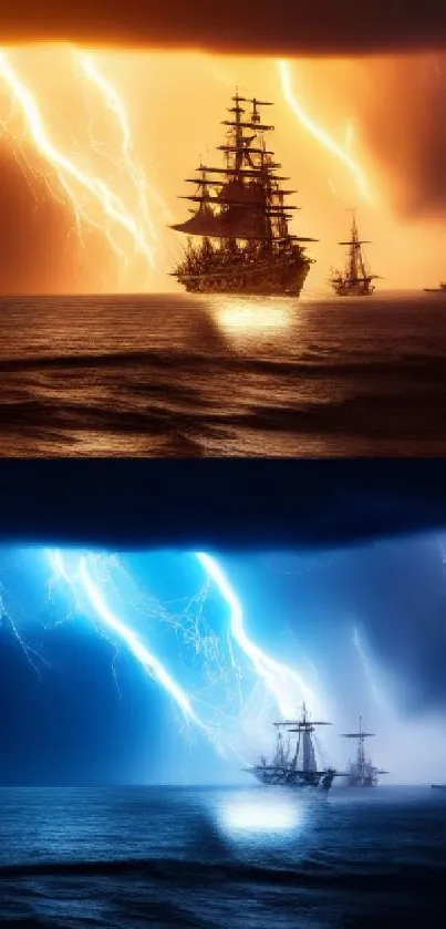 Dual sky lightning with ships over ocean waves in orange and blue.