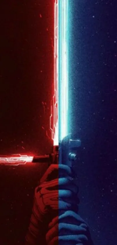 Mobile wallpaper of dual red and blue lightsabers in space.