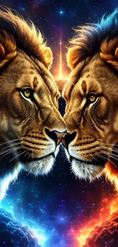 Dual lions facing each other in a cosmic background.