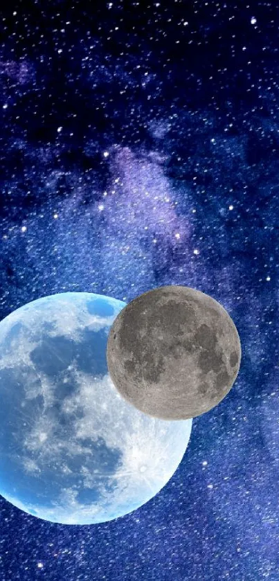 A stunning mobile wallpaper featuring dual moons against a galaxy backdrop.