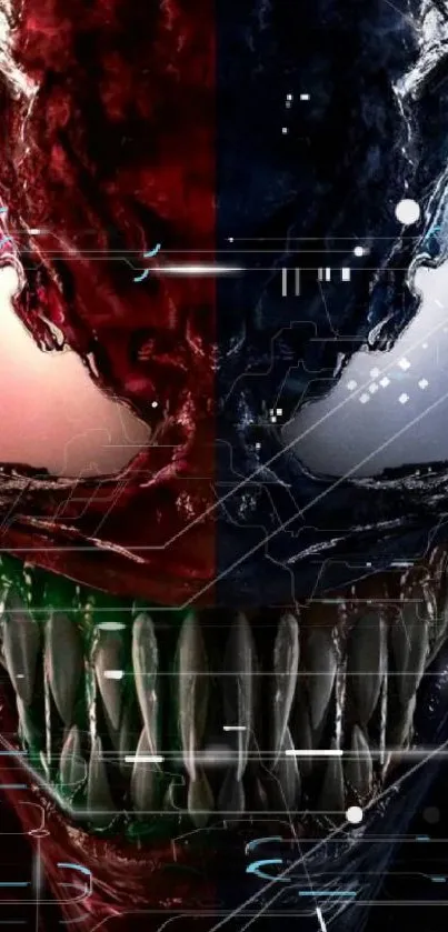 Dual symbiote face with red and black textures in mobile wallpaper.