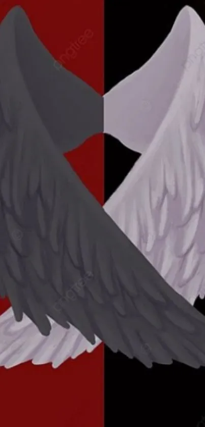 Angel and demon wings with red and black background.