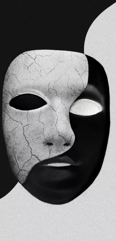 Dual-tone grayscale mask wallpaper with artistic black and white elements.