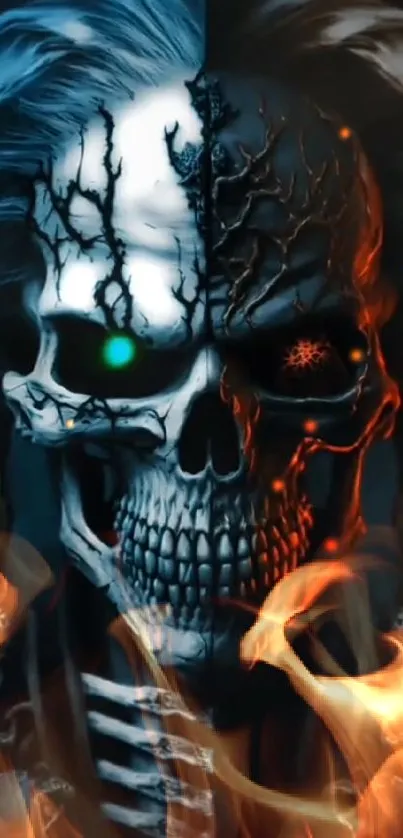 Dual-tone skull art with blue and red hues.