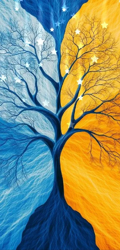 Blue and orange dual tree with stars.