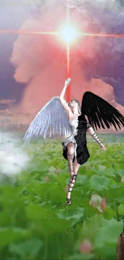 Dual-winged angel reaching for light in a cloudy, green landscape.