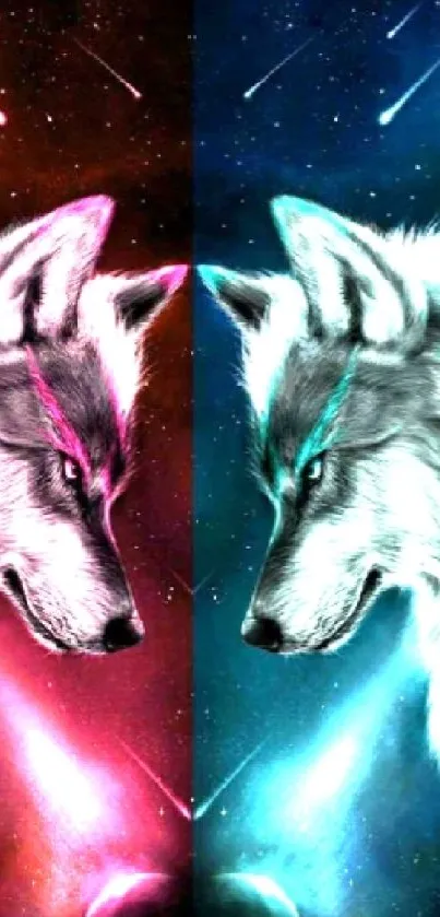 Dual cosmic wolves in vibrant fire and ice colors.