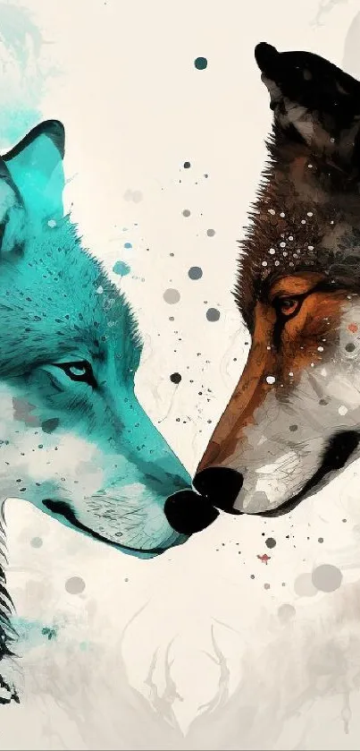 Artistic wolves facing each other in contrasting colors.