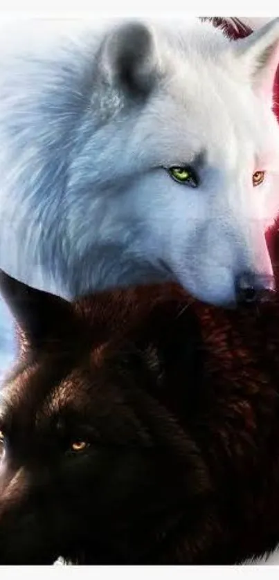 A dramatic mobile wallpaper featuring a white and black wolf in striking contrast.