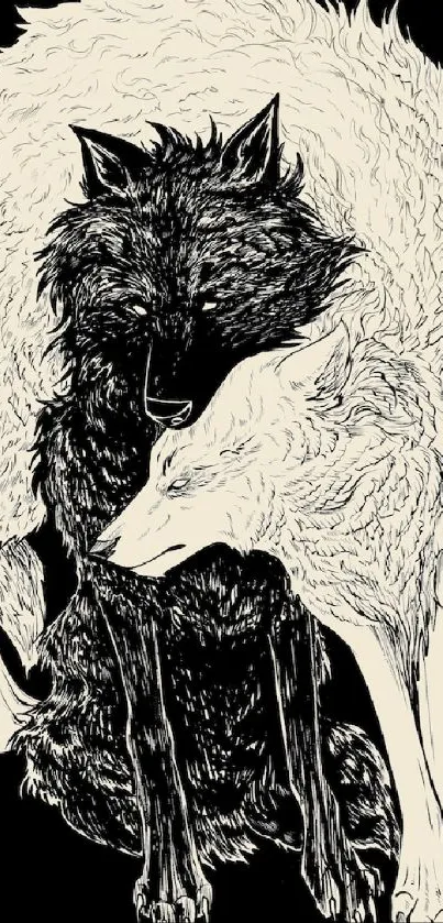 Artistic depiction of two contrasting wolves on a black background.