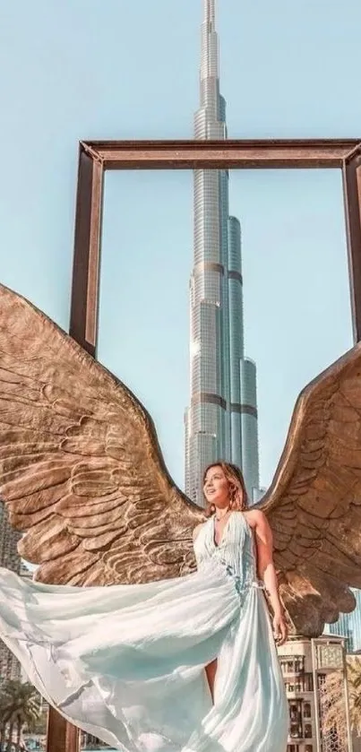 Dubai angel wings with Burj Khalifa in the background.