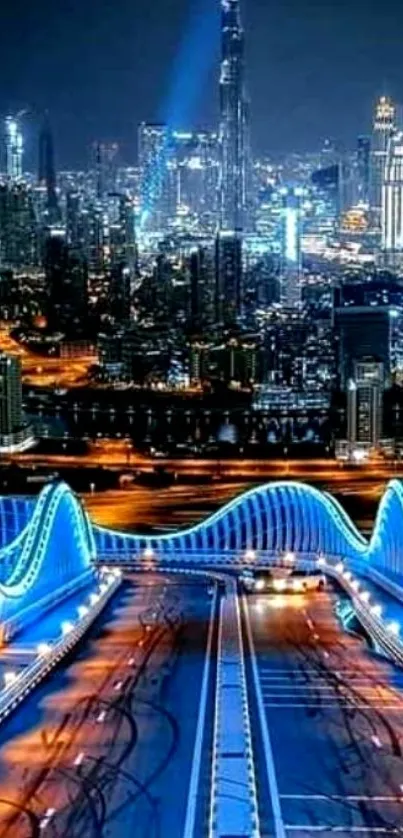 Dubai cityscape at night with iconic skyscrapers and vibrant blue lighting.