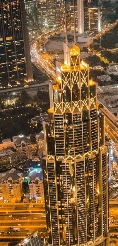 Stunning night view of Dubai's golden skyscraper skyline.