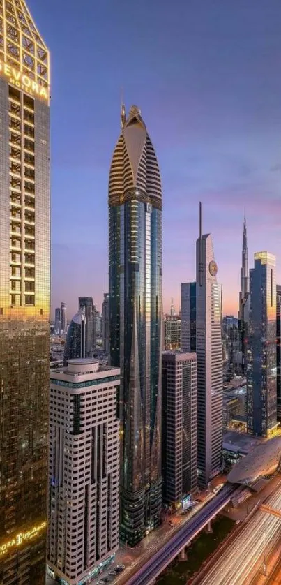 Dubai skyline with skyscrapers at dusk, vibrant city lights.