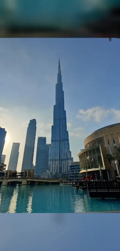 Dubai skyline with Burj Khalifa and reflections in water, mobile wallpaper.