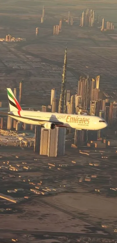 Emirates airplane flying over Dubai skyline with Burj Khalifa.