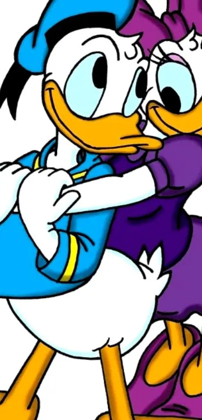 Cartoon duck couple in a purple themed wallpaper.