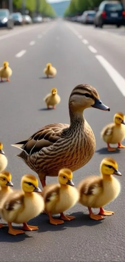 Duck family crossing the road with ducklings.