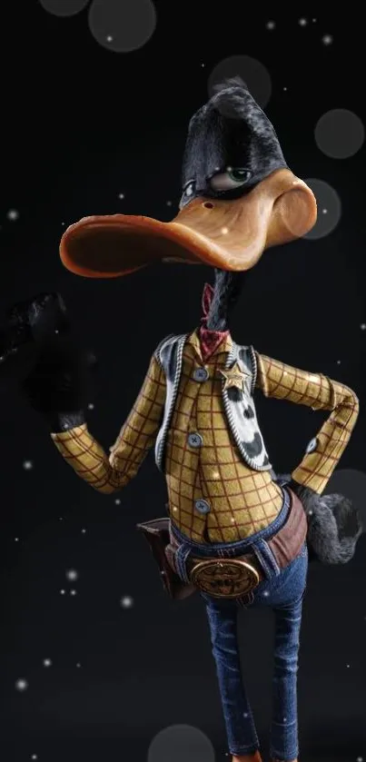 Cartoon duck in cowboy outfit on dark background.