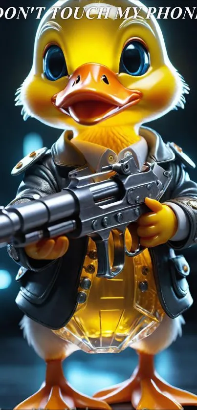 Duck in leather jacket holding a gun, vibrant and edgy phone wallpaper.