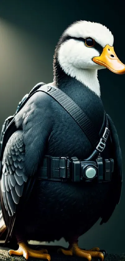 Duck wearing tactical gear on a dark background.