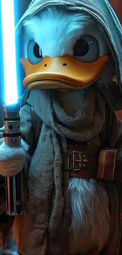 A duck in Jedi robes holding a lightsaber.