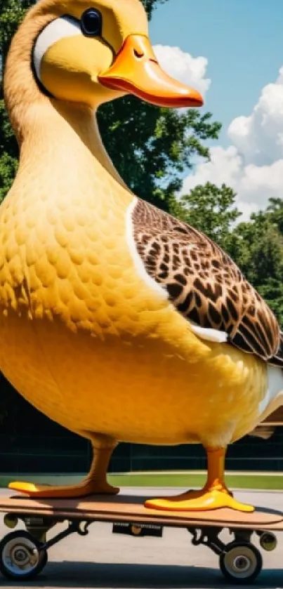 Giant duck riding a skateboard in a sunny outdoor setting.