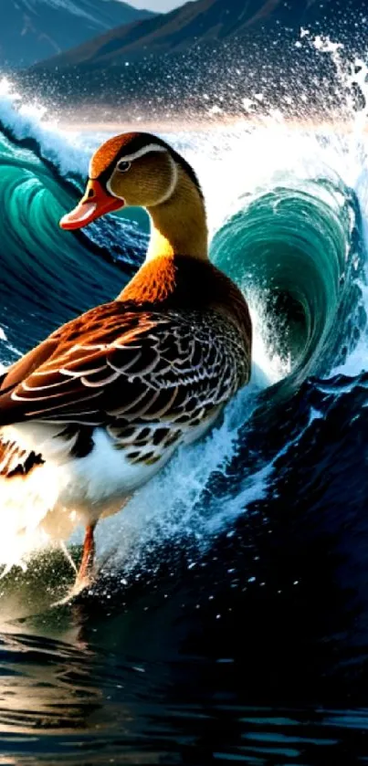 Duck surfing dynamic ocean waves with mountains in the background.