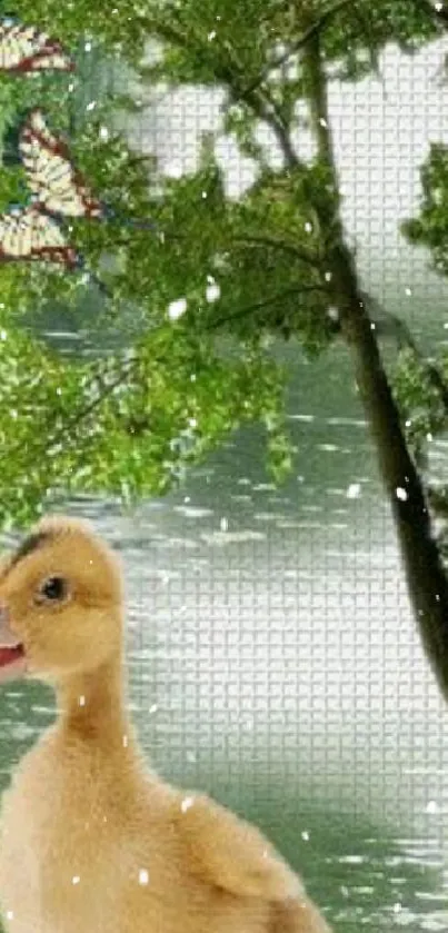 Duckling by a tranquil lake with butterflies and snow.