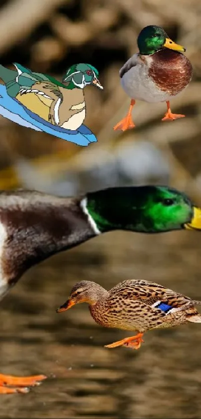 Animated and real ducks on a brown background.