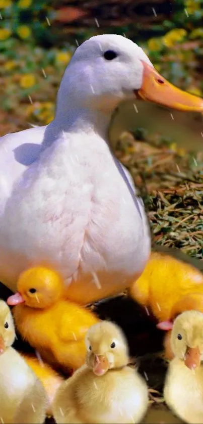 White duck with ducklings in a natural setting.