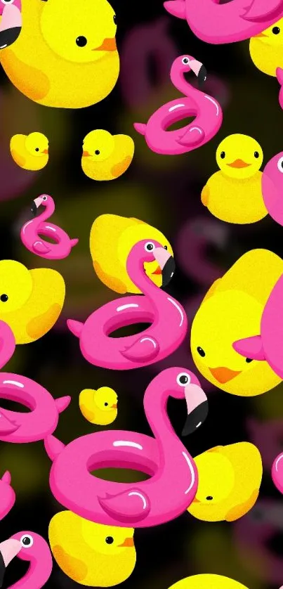 Pink flamingos and yellow ducks on dark wallpaper.