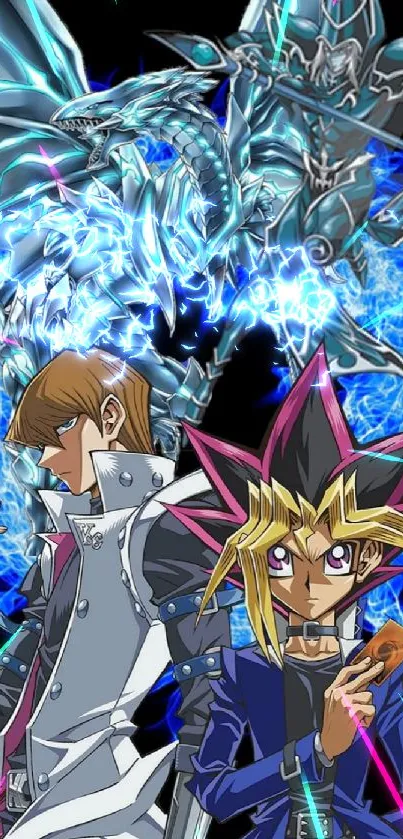 Anime duelists with dragon and blue energy.