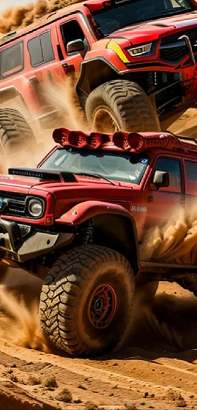 Dynamic red vehicles racing across sandy dunes in an exciting off-road adventure.