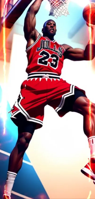 Basketball legend dunking in red jersey wallpaper.