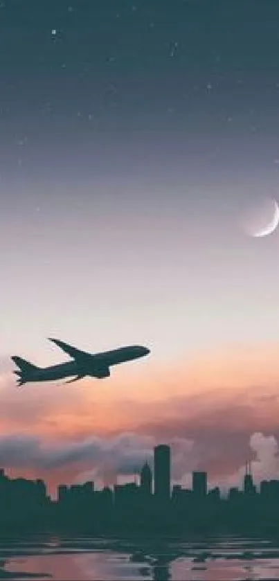 Airplane over cityscape with crescent moon at dusk.